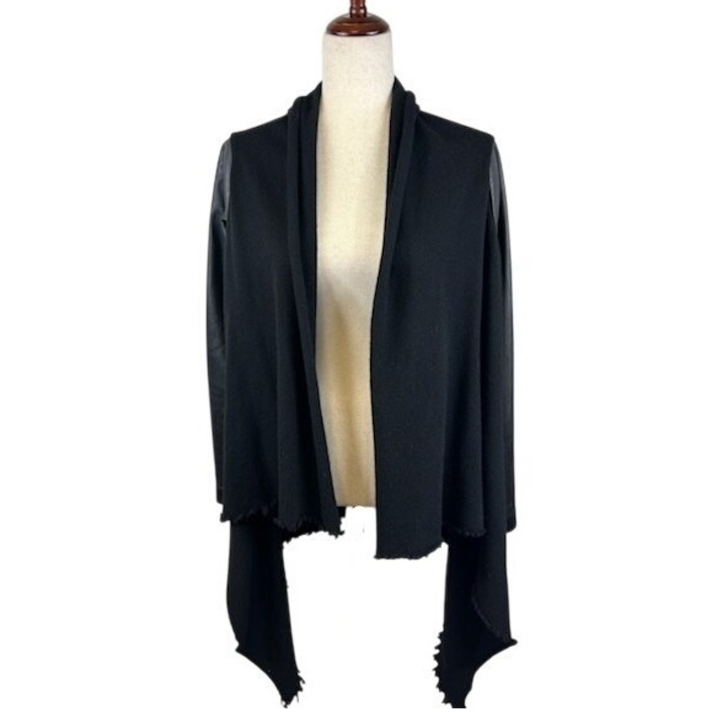 Zadig & Voltaire Deluxe Black 100% Cashmere Cardigan Faux Leather Sleeve Medium